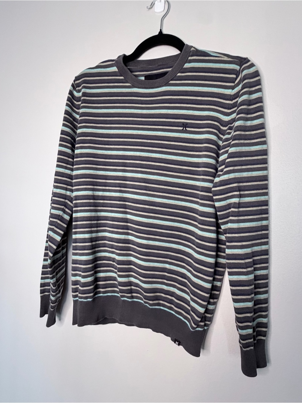 Hurley Gray Crewneck Sweater with Light Blue & White Stripes